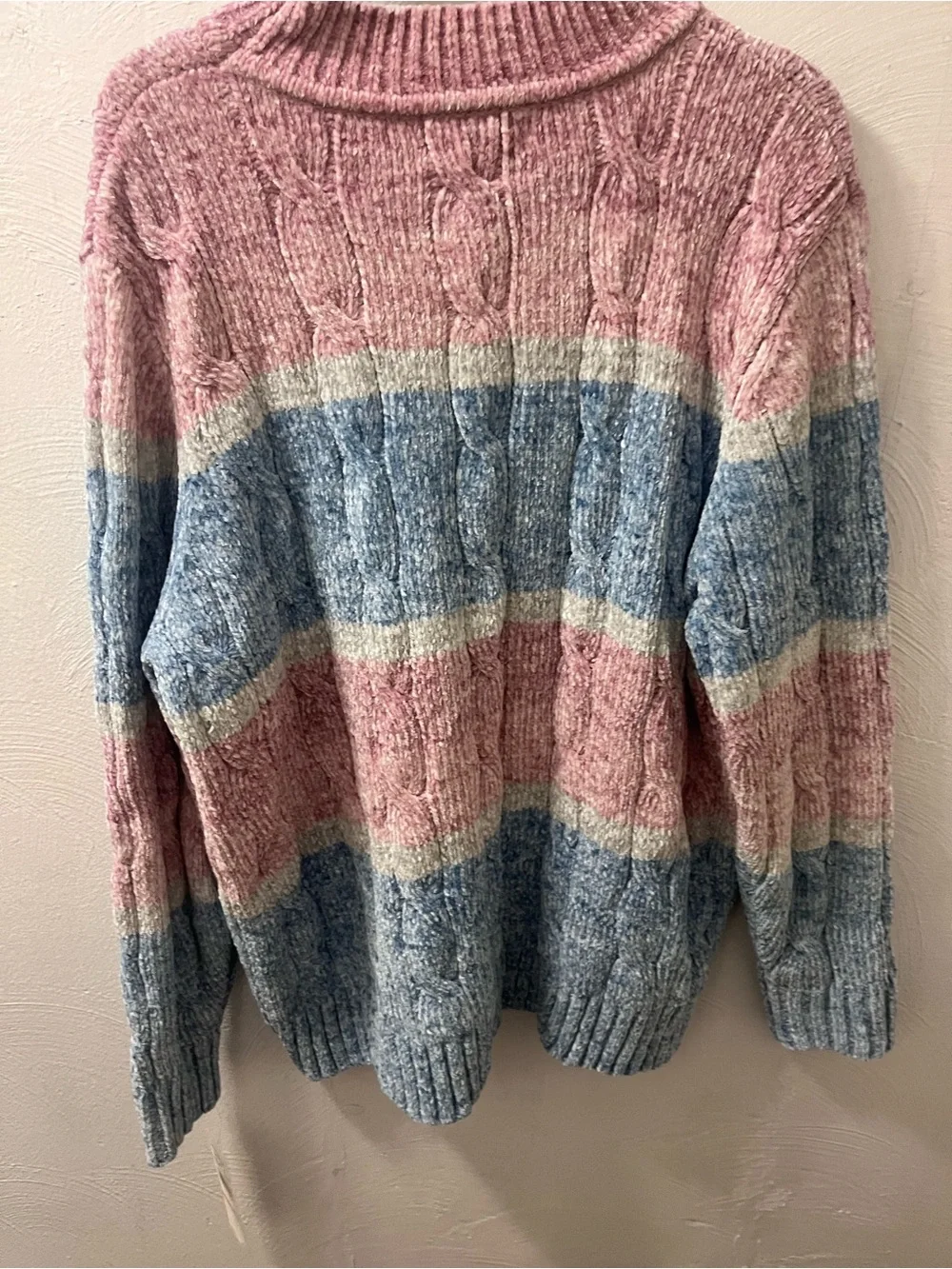 Alfred Dunner Pink, Blue & Cream Cable-Stripe Turtleneck Sweater